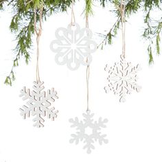 three snowflake ornaments hanging from a tree