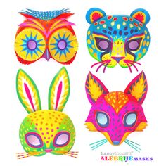 three masks with different designs on them, one is colorful and the other has an animal face