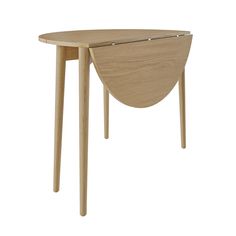 a wooden table with two legs and an oval shaped design on the top, against a white background