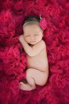 a baby is laying down on some pink flowers