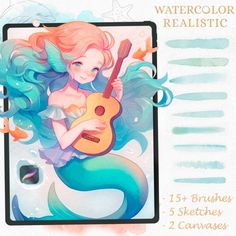 an illustration of a mermaid holding a guitar and texting watercolor realistic