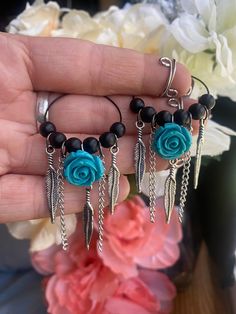 Wire hoops with black and teal charms for a modern goth vibe with a western touch Black Bohemian Hoop Earrings For Festivals, Bohemian Black Nickel-free Hoop Earrings, Bohemian Nickel-free Black Hoop Earrings, Black Dangle Hoop Earrings For Festivals, Edgy Black Earrings For Festival, Gothic Diy, Gothic Western, Western Goth, Aztec Jewelry