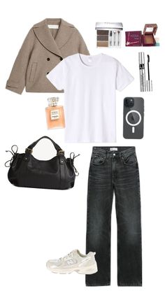 a woman's outfit and accessories are arranged in the shape of a purse, sweater, jeans, shoes, and handbag