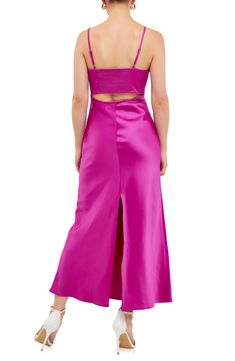 A slender cutout at the back adds to the drama of this elegant satin midi dress hung from adjustable spaghetti straps. Scoop neck Adjustable straps 100% polyester Hand wash, dry flat Imported Modal Satin Bias Cut Midi Dress, Spring Midi-length Modal Satin Dress, Midi-length Satin Slip Dress In Solid Color, Rayon Bias-cut Midi Dress, Pink Satin Bias-cut Midi Dress, Satin Midi Dress, Nordstrom Dresses, Scoop Neck, Spaghetti Strap