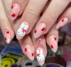 #nails Strawberry Inspo Nails, Nail Ideas Strawberry, Red Miffy Nails, Coquette Nails Almond, Pink Strawberry Nails, Miffy Nails, Uñas Coquette, Coquette Nail, Strawberry Nails