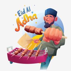 an illustration of a man grilling hot dogs on skewers for eid al adha