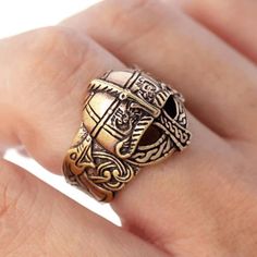 Viking Gjermundbu Helmet Bronze Ring with Dragons Helmet Ring, Norwegian Vikings, Viking Helmet, Scandinavian Pattern, Viking Culture, Viking Ring, Viking Bracelet, Viking Style, Bronze Ring