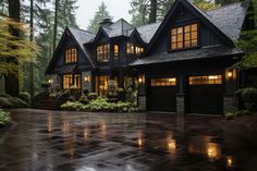 a house in the rain with its lights on