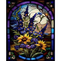 a stained glass window with sunflowers and bluebells