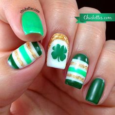 Four-leaf clovers with gold crescent moon design and green, white and gold stripes. If this doesn’t make you feel lucky and trendy, then I don’t know what will. Nail Art Vert, Shamrock Nails, Irish Nails, March Nails, St Patricks Day Nails, Green Nail Art, Festive Nail Art, Holiday Nail Art, Get Nails