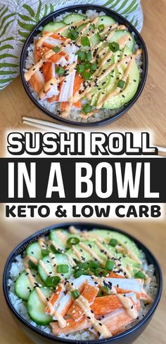 sushi roll in a bowl with chopsticks next to it on a wooden table