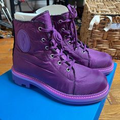 Never Worn !! In The Box Purple Size 9 Women And Size 7 Men Water Resistant #Johnfluevog #Boots #Rainboots #Purpleboots Purple Waterproof Round Toe Boots, Purple Waterproof Boots With Round Toe, Purple Ankle Boots With Reinforced Heel, Lace Up Boots Women, John Fluevog Shoes, Unique Heels, Purple Boots, Fluevog Shoes, John Fluevog