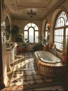 an ornate bathroom with a jacuzzi tub and large windows