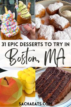 chocolate cake at a Boston bakery, Taiyaki ice cream, beignets, and 3d printed cakes at a Boston cafe and Bakery. Title says 31 Epic Desserts To Try in Boston, Massachusetts Boston Desserts, New England Day Trips, State Recipes, Aesthetic Boston, Boston With Kids, Boston Activities, Boston Calling, Boston Aesthetic, Restaurants In Boston