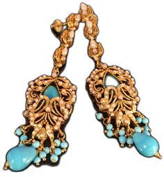 Turquoise Kundan Earrings For Wedding, Traditional Turquoise Earrings For Wedding, Turquoise Earrings For Wedding And Festivals, Bohemian Gold Danglers With Stone Work, Traditional Turquoise Danglers For Wedding, Ornate Turquoise Jewelry For Wedding, Bollywood Style Dangle Chandelier Earrings With Intricate Design, Traditional Turquoise Dangle Chandelier Earrings, Bohemian Heavy Gold Bridal Earrings