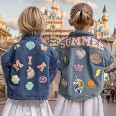 Our personalized embroidered denim jacket comes with 5-8 theme patches of your choice (excluding name patches) and a chenille patch with your chosen name. You can customize the color and font of the chenille patch to make it truly unique. We use US children's sizing.  To personalize your jacket, simply provide us with your name or nickname, and you'll receive a unique name patch. Choose 3-8 patches from our reference images or specify your preferred themes, such as rainbow, flowers, seashells, c Kids Jean Jacket With Patches, Chenille Jacket, Patch Jean Jacket, Patch Denim Jacket, Customised Denim Jacket, Jean Jacket Patches, Disney With A Toddler, Personalized Jacket, Patch Denim