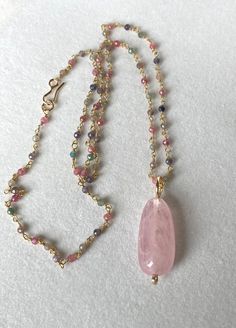 Morganite Pendant With Multi Colored Sapphire Rosary Necklace, Morganite and Sapphire Necklace, Peachy Pink Morganite Necklace - Etsy Pink Gemstone Briolette Necklace, Pink Briolette Necklace For Jewelry Making, Pink Briolette Gemstone Necklace, Pink Briolette Necklace For Gift, Morganite Necklace, Morganite Pendant, Crystal Necklaces, Rosary Necklace, Pink Morganite