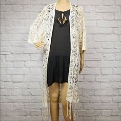 Nwt Szsm Beautiful Cream Crocheted Tassle Cardigan From @Meme’s 1011 Boutique You Will Love This Gorgeous Floor Length Duster Style Cardigan! It Is Beautiful Over A Plain Slip Dress Or Paired Elegantly With Jeans & Heels For This Seasons Polished Off Boho Chic Vibe!! White Open Knit Cover-up, White Fall Cardigan For Vacation, Casual White Cardigan For Beach Cover-up, White One Size Open Front Cover-up, White Long Summer Outerwear, White Open Knit Summer Outerwear, White Open Front Cover-up For Fall, Fitted White Cardigan For Vacation, Fall Bohemian White Cover-up