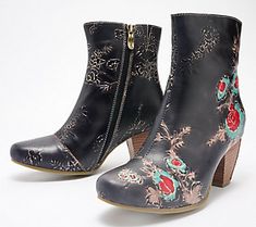 Not any ordinary ankle boot -- this heeled beauty is distinctively detailed with embossed multi-colored floral details. From Spring Step. L'artiste By Spring Step, Artist Style, Heeled Ankle Boots, Leather Heels, Multi Colored, Ankle Boot, Leather Upper, Ankle Boots, Boots