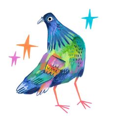 a colorful bird standing on top of a white ground next to star shaped stars in the sky