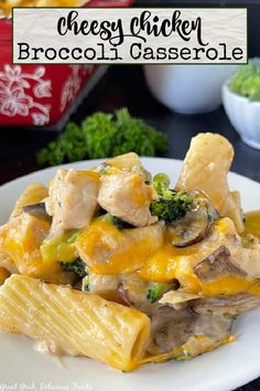 cheesy chicken broccoli casserole on a white plate