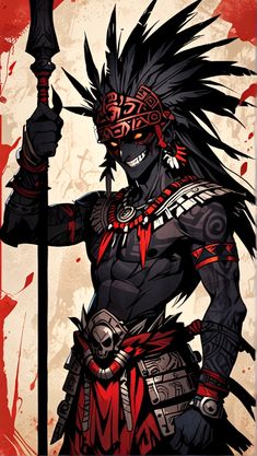 Aztec Villain Illustration HD Wallpaper.  If you'd like to support my work and check out more free digital artwork, check out my linktree here: https://linktr.ee/pixeledportrait  #digitalart #free #aztec #warrior #design #rpg #characterdesign Aztec Warrior Concept Art, Aztec Monster Art, Aztec Concept Art, Aztec Monster, Illustration Hd Wallpaper, Villain Illustration, Hd Aesthetic, Aztec Artwork, Aztec Symbols