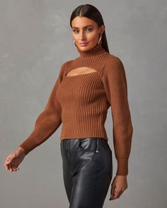 Trendy and unique, the Taking Risks Knit Cutout Turtleneck Sweater in rust is made from soft, ribbed knit fabric and features a striking chest cutout. ● True to size ● Chest cutout ● Turtleneck ● Knit fabrication ● No closures ● No lining ● 46% Acrylic, 28% Polyester and 26% Nylon ● Hand wash cold, dry flat. Taking Risks, Cutout Sweater, Vici Collection, Take Risks, Rust Color, Relaxed Style, Trending Now, Turtleneck Sweater, Colorful Sweaters