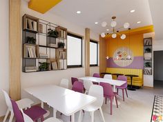 a dining room with white tables and purple chairs in front of a yellow wall mounted book shelf