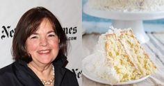 a woman standing in front of a cake on a white platter and smiling at the camera