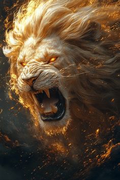 a lion with its mouth open and it's teeth lit by the light of fire