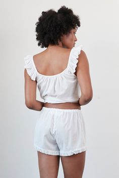 Original Dream Cotton Voile Ruffle Short (Short Only) | hey goodlooking Short Cotton Tops With Ruffles, Short Length Cotton Tops For Daywear, Cotton Tops For Daywear, Short Length, Cotton Tops For Daywear In Short Length, Summer Ruffled Short Tops, Feminine Fitted Cotton Shorts, Fitted Feminine Cotton Shorts, White Short Length Tops For Daywear, White Short-length Tops For Daywear