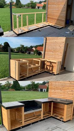 several different views of the outside of a house with wood sidings and benches in it