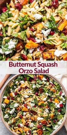 two pictures with different types of salads and the words butternut squash orzo salad