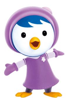 a cartoon penguin wearing a purple dress and hat with one hand out to the side