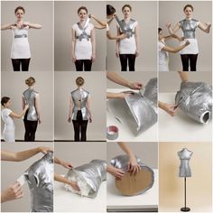 there is a woman making a dress out of silver foil and wrapping it around her body