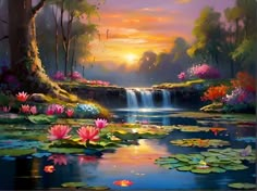 a painting of water lilies and waterfall at sunset