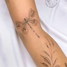 a woman's arm with a dragonfly tattoo on it