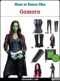 an image of gamora costume with accessories for her and the text, how to dress like gamora