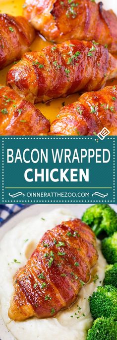 bacon wrapped chicken is served with mashed potatoes and broccoli on the side