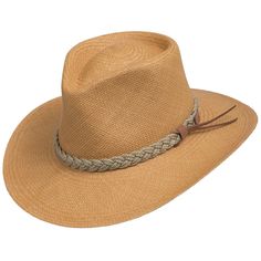 Wheat Casual Brown Braided Fedora, Western Brown Panama Hat For Travel, Western Style Brown Panama Hat For Travel, Brown Braided Panama Hat With Short Brim, Brown Braided Short Brim Panama Hat, Casual Brown Braided Panama Hat, Western Fedora With Braided Flat Brim, Curved Brim Braided Fedora For Rodeo, Western Style Fedora With Short Brim And Braided Detail