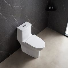 a white toilet sitting in a bathroom next to a black and gray wall mounted mirror