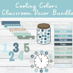 a clock and some numbers on a wooden surface with the words cool colors classroom decor bundle