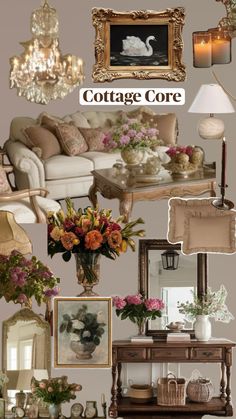 a collage of furniture and flowers with the words cottage core above it in gold