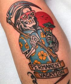 30+ Grim Reaper Tattoo Design Ideas for Men & Women - 100 Tattoos Grim Reaper Hawaiian Shirt Tattoo, Grim Reaper Coffee Tattoo, Grim Reaper Traditional Tattoo, Traditional Calf Tattoo, Grimm Reaper Tattoo, Traditional Grim Reaper Tattoo, Beer Tattoos, Unconventional Art, Inner Bicep Tattoo