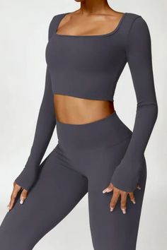 Get ready to slay your yoga class in this Square Neck Extended Long Sleeve Crop Top Yoga Pant Set. The crop top and yoga pants combo provides maximum comfort and flexibility for your practice. With a stylish square neck and extended sleeves, you'll look and feel confident while you flow. Namaste! Runs small so size up!﻿ ﻿ Length Ankle-Length Style Active Fabric Type Blended fabrics Material Spandex , Nylon Neckline Square Collar Pattern Type Solid Sleeve Length Full Season Spring / Autumn Chest Stretch Cropped Activewear For Yoga, Fitted Gray Crop Top For Yoga, Versatile High Stretch Crop Top For Yoga, Gray Stretch Crop Top For Workout, Stretch Gray Crop Top For Yoga, Gray Stretch Crop Top For Yoga, Solid Color Crop Top Activewear For Yoga, High Stretch Gray Crop Top For Workout, Gray High Stretch Crop Top For Workout