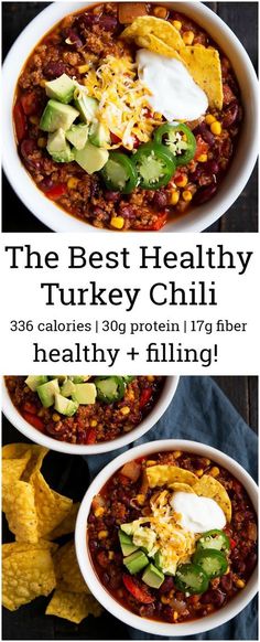 the best healthy turkey chili recipe is in two bowls with tortilla chips and avocado