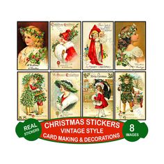 vintage christmas stickers from the early 1900s's are featured in this ad for card making and decorations