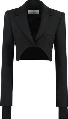 Step up your style game with this chic and edgy cropped jacket in a classic black wool blend. Featuring a single-button closure, faux welt pocket, and rib-knit cuffs with thumb holes, this jacket is a must-have for any fashion-forward individual. Classic lapels Front single-button closure Faux welt pocket on chest Rib-knit cuffs with thumb holes Rib-knit detailing on collar | Off-White Women's Asymmetrical Cropped Jacket in Black | Size IT 42 | OWEF108S23FAB001 Elegant Asymmetrical Blazer For Party, Elegant Asymmetrical Evening Blazer, Fitted Asymmetrical Blazer For Evening, Asymmetrical Fitted Evening Blazer, Elegant Asymmetrical Blazer For Business, Elegant Cropped Fitted Blazer, Corp Goth, Crop Blazer, Cropped Blazer