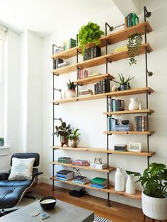 a living room filled with lots of books and plants on top of shelving units