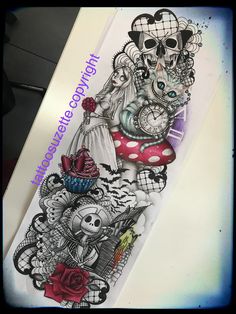 an old school tattoo design with skulls, roses and other things on the back of a skateboard